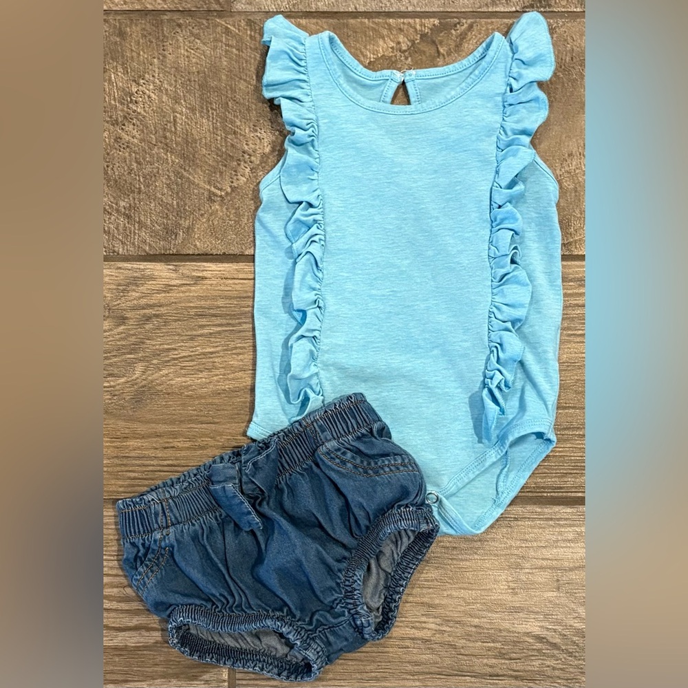 Vignette Cotton Ruffle Onesie & Denim Bloomers